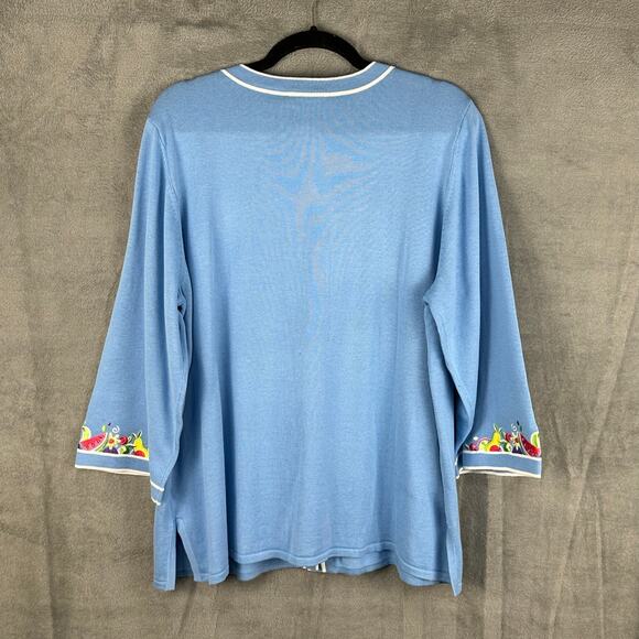 Bob Mackie Sweater Womens XL Blue Fruit Floral Embroidered Cardigan Artsy Preppy - Picture 8 of 14